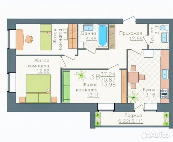 3-к квартира, 74 м², 6/8 эт. 3-к квартира, 74 м², 6/8 эт.