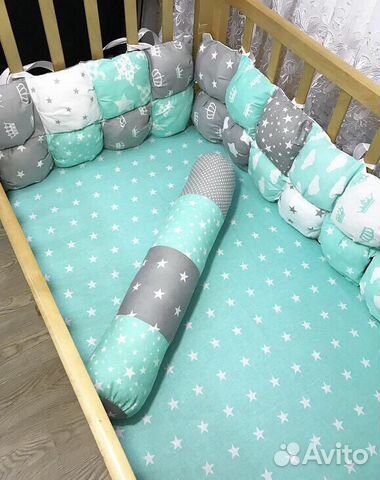 Бортики Бомбон+простынь на резинке+валик