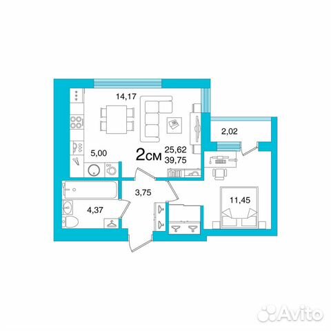 2-к квартира, 39.8 м², 5/27 эт.