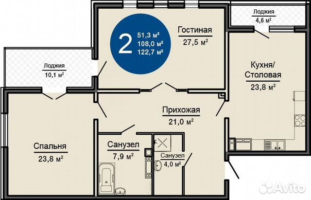2-к квартира, 122.7 м², 13/19 эт. 2-к квартира, 122.7 м², 13/19 эт.