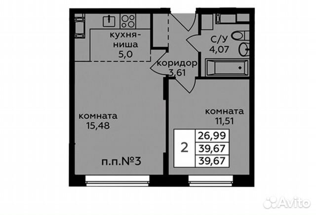 2-к квартира, 39.7 м², 3/17 эт. 2-к квартира, 39.7 м², 3/17 эт.