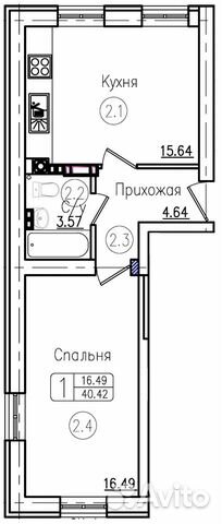 1-к квартира, 40.4 м², 1/4 эт.