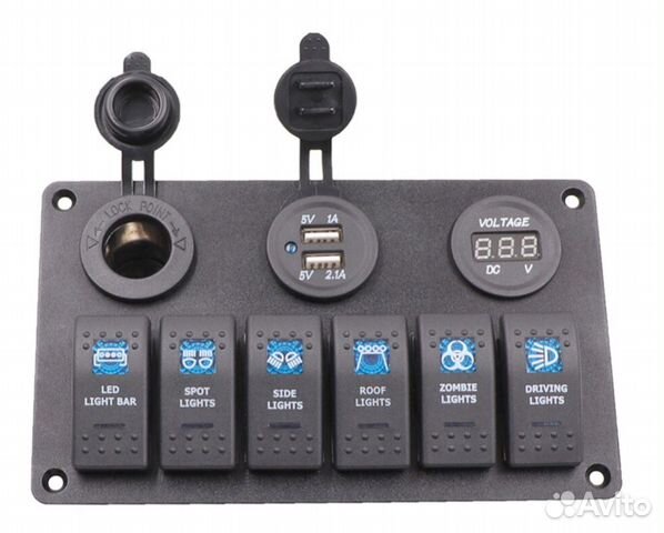 Панель с 6 выключателями, USB,V-метром и прикурив Панель с 6 выключателями, USB,V-метром и прикурив