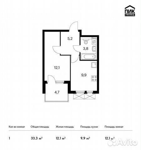 1-к квартира, 33.3 м², 3/15 эт.