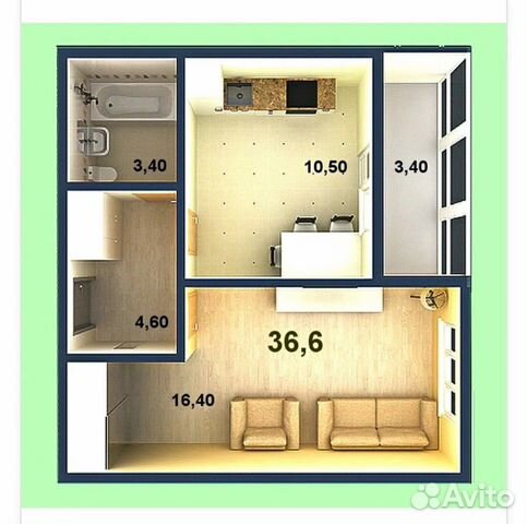1-к квартира, 36 м², 4/10 эт.