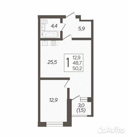 1-к квартира, 50.2 м², 3/8 эт.