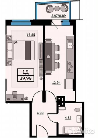 1-к квартира, 39.8 м², 21/25 эт.