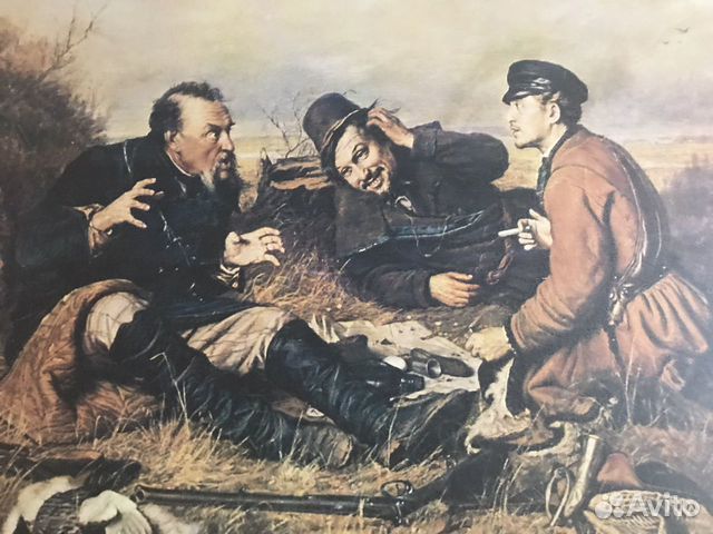 Картина три охотника на холсте, в багете