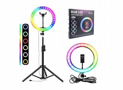 Цветная кольцевая лампа 33см со штативом 2м