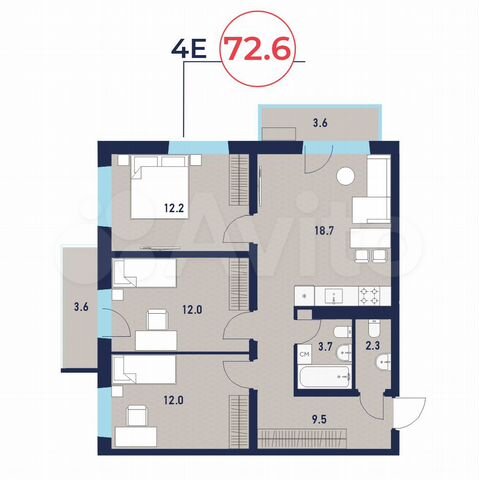4-к. квартира, 72,6 м², 3/16 эт.