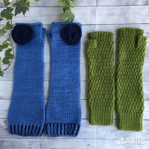 Митенки вязаные голубые и зеленые