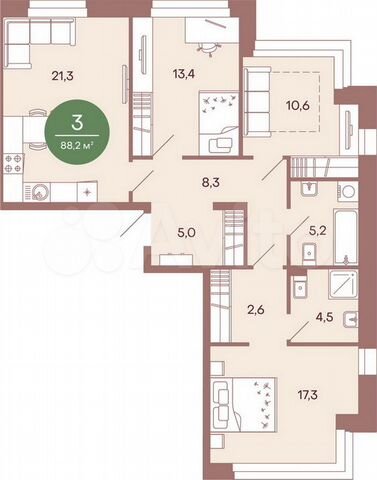 3-к. квартира, 88,2 м², 1/17 эт.