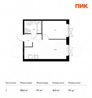 1-к квартира, 32.4 м², 12/17 эт.