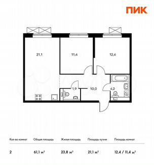2-к квартира, 61.1 м², 2/24 эт.