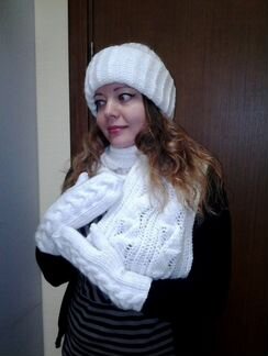 Шапка Такори, варежки, шарф. Вязаный комплект