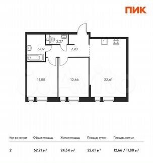 2-к квартира, 62.2 м², 3/18 эт.