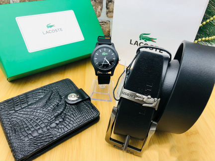 Муж набор Lacoste часы + ремень + кошелёк