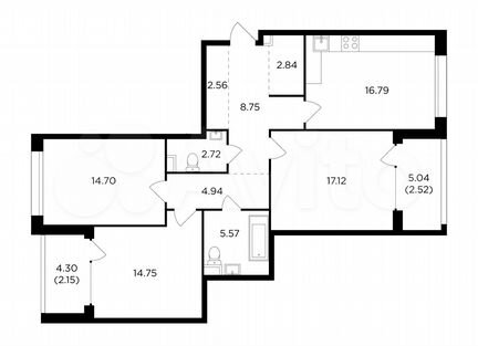 3-к квартира, 95.4 м², 2/17 эт.